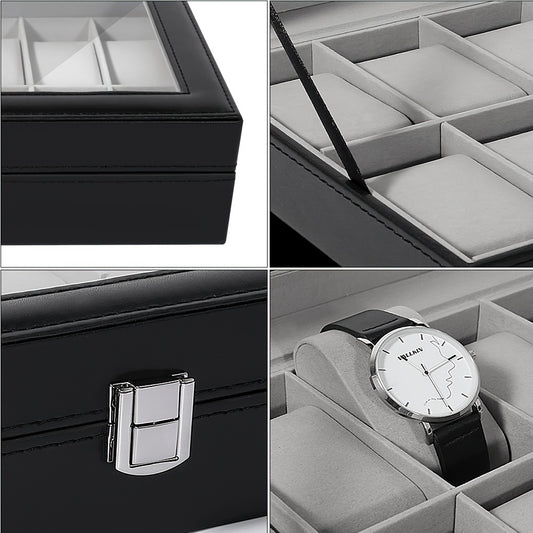 Watch Box Organizer 12 Slot PU Leather, Watch Display Case with Glass Lid Removable Pillow Metal Clasp, Jewelry Box Gift for Him Her Valentine's Day Birthday Christmas