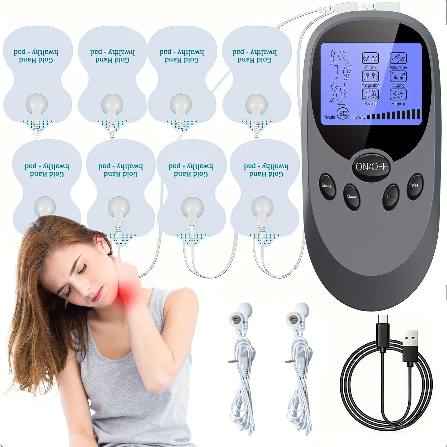 TENS EMS Dual Channel Muscle Stimulator Massager – 8 Electrodes for Back, Shoulder & Knee Pain Relief, Muscle Recovery, Portable Electric Pulse Therapy Device