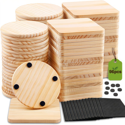 24/48/96pieces Unfinished Wood Coaster Blanks(4 Inch Square & Round) With Non-Slip Foam Stickers - DIY Craft Supplies For Painting, Engraving, Burning & Decor - Ideal Handmade Gifts & Home Decor For Christmas Halloween Easter, Mother'S Day Craft Gift