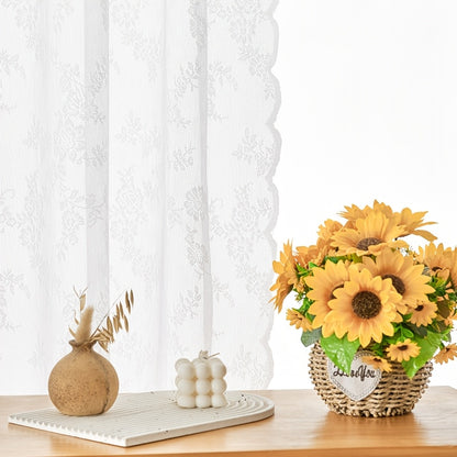Set of Two White Lace Curtains with Floral Designs, Featuring a Bohemian Style And Semi-Transparent Fabric That Filters Sunlight. Suitable for All Seasons