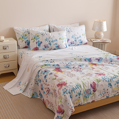 4-Piece Fresh Flowers Bedding Set | 1 Fitted Sheet + 1 Flat Sheet + 2 Pillowcases | Soft & Breathable Polyester | All-Season | Machine Washable