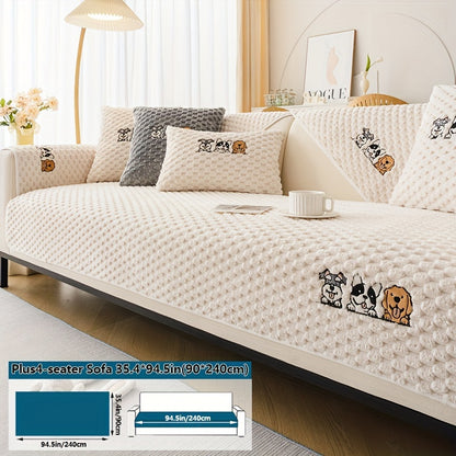 [Pet-Friendly | Velvet] Pet-Friendly Non-Slip 1pc Honeycomb Velvet Sofa Slipcover | Cute Cartoon Dog Embroidery, Bohemian Style Home Decor, Machine Washable Polyester Fabric, Grey, Couch Covers for Sofa