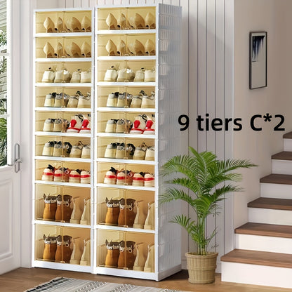 1pc/2pcs Heavy-Duty Collapsible 9-Tier Shoe Cabinet Organizer - Clear Plastic Foldable Stackable Shoe Rack with Shelves, Space-Saving Narrow Storage for Hallway, Apartment, Small Spaces - No Assembly Required (Shelves & Doors)