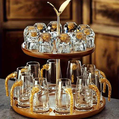 Luxury 24K Plated Foil Crystal Wine & Champagne Set - 1 Decanter & 6 Cups with Leakproof Crystal Glasses, Elegant Pure Black Gift Box for Home Bar, Wedding, Party - No Assembly Required, Perfect Gift for Wine Lovers & Special