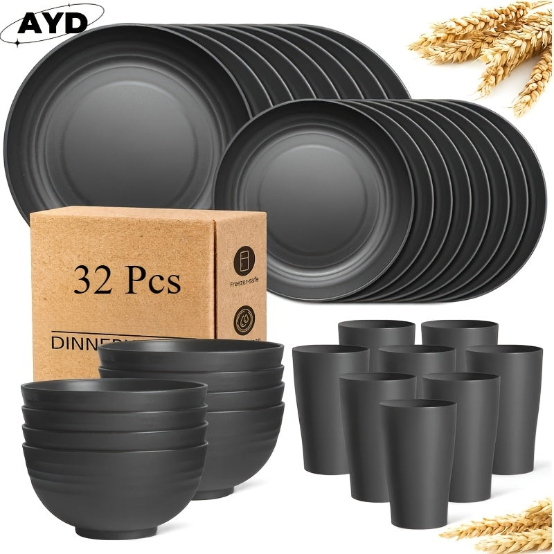32/16pcs Wheat Straw Large Size Dinnerware Set, Service For 8/4, Lightweight Kitchen Accessories, Unbreakable Modern Dish Set-Plate/Dessert Plate/Bowl/Cup, Dishwasher And Microwave Safe, Perfect Everyday Use, Best Gifts For Thanksgiving And Christma
