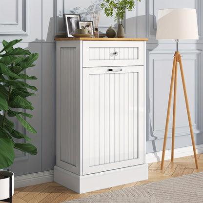 Single Trash Cabinet Tilt Out Freestanding, Kitchen Trash Cabinet Laundry Hamper with Cutting Board, Wood Garbage Recycling Station Hideaway Trash Holder Drawers