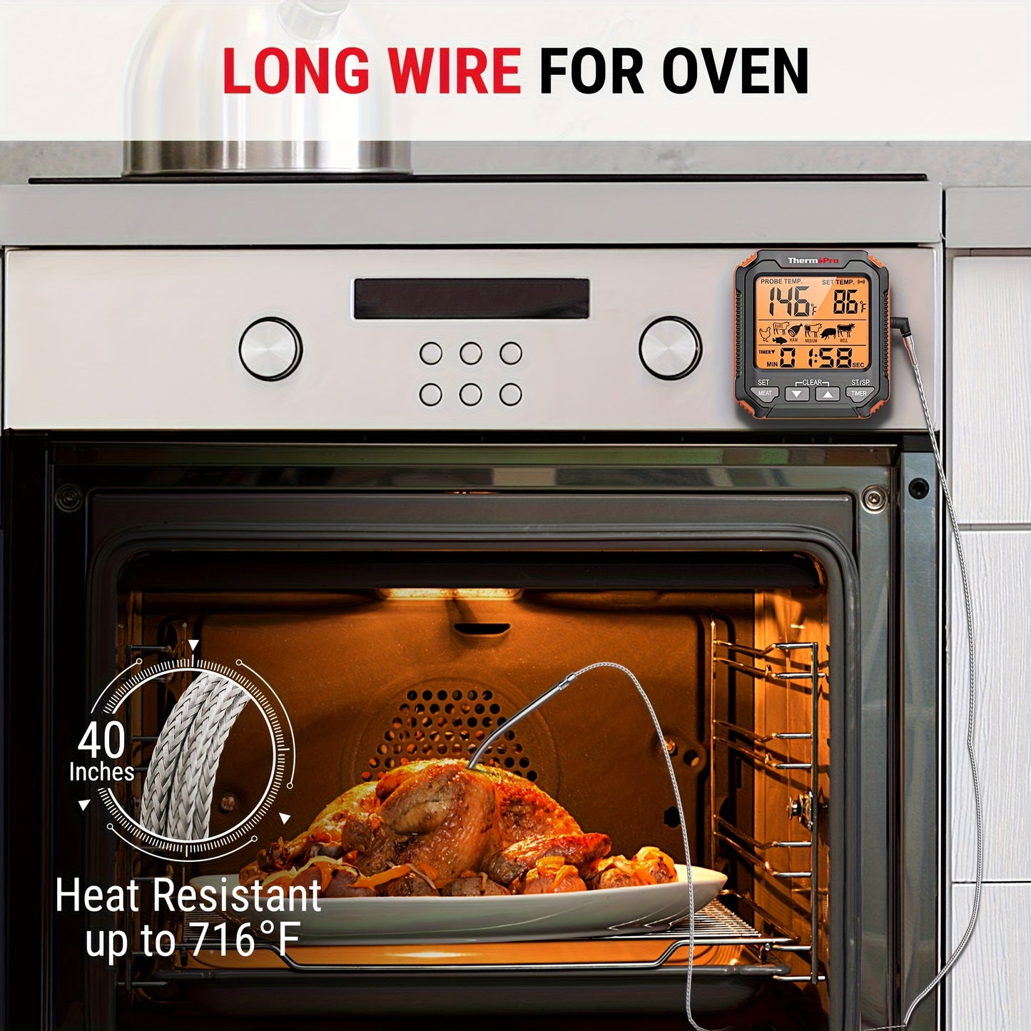 ThermoPro TP716 Digital Meat Thermometer | Backlit, Oven Safe with Meat Probes, Temp Alert for Smoker, BBQ, Oven, Plastic, Single Use, Dry Battery Powered, Can Be Given as a Gift