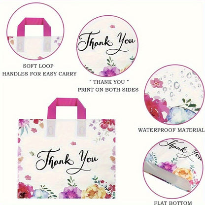 Gift for Her/Him 50pcs Fashionable and Exquisite "thank You" Gift Bag Plastic Printed Handle Flower Reusable Commodity Bag Handbag Gift Bag Packaging Bag, Daily Attendance Party Birthday Wedding Party, Halloween Christmas Gift for Family and Friends.