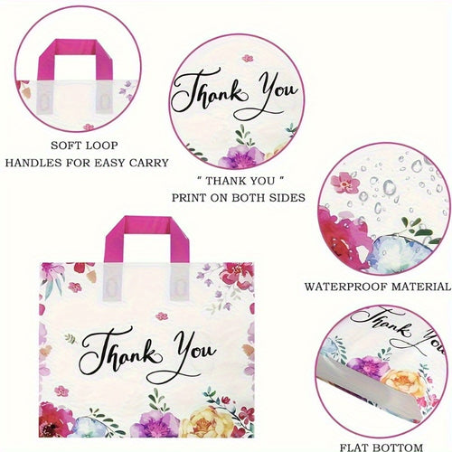 Gift for Her/Him 50pcs Fashionable and Exquisite "thank You" Gift Bag Plastic Printed Handle Flower Reusable Commodity Bag Handbag Gift Bag Packaging Bag, Daily Attendance Party Birthday Wedding Party, Halloween Christmas Gift for Family and Friends.