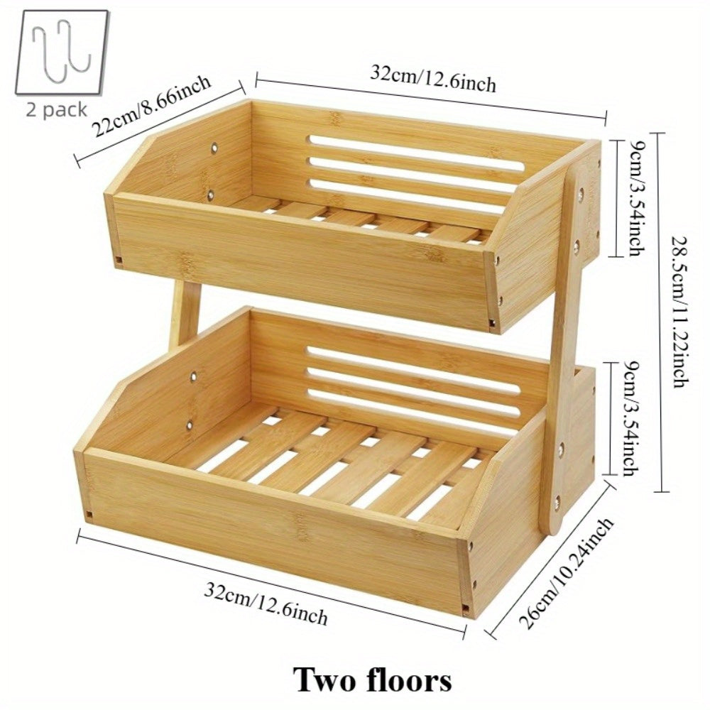 3 Layer Or 2 Layer Bamboo Fruit Storage Rack, Equipped with 2 Hooks, Suitable for Fruit Display Cases in Stores, Fruit Racks in Markets, Kitchen Spice Racks, Vegetable Organizing Racks, And Bread Counter Shelve, Shelf Baskets