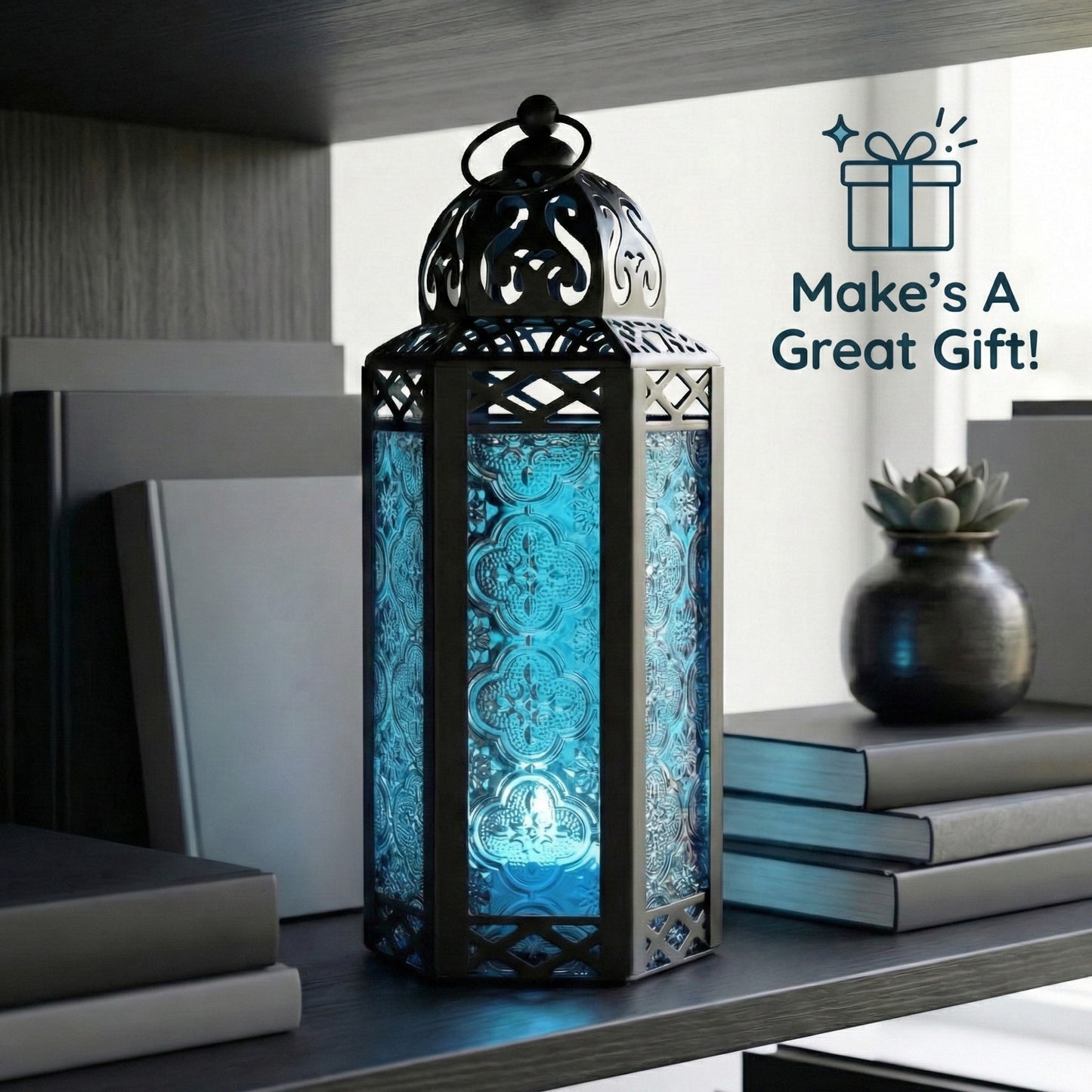 Moroccan Candle Lantern Holder - Decorative Metal & Glass Lantern with Embossed Floral Design for Indoor Home Decor, Garden, Patio, Weddings, Ramadan, Halloween & Holiday Celebrations - 10.5" Tall Medium Size