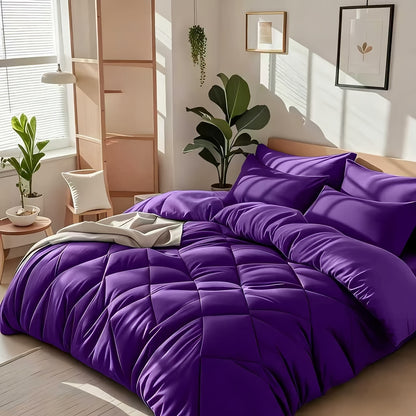 Cooling Comforter Set 2/3 Pcs – Soft Fluffy Microfiber Lightweight Breathable Quilt, Rhombus Grid Solid Color Bedding for All Seasons, Twin Queen King – Multiple Colors Available