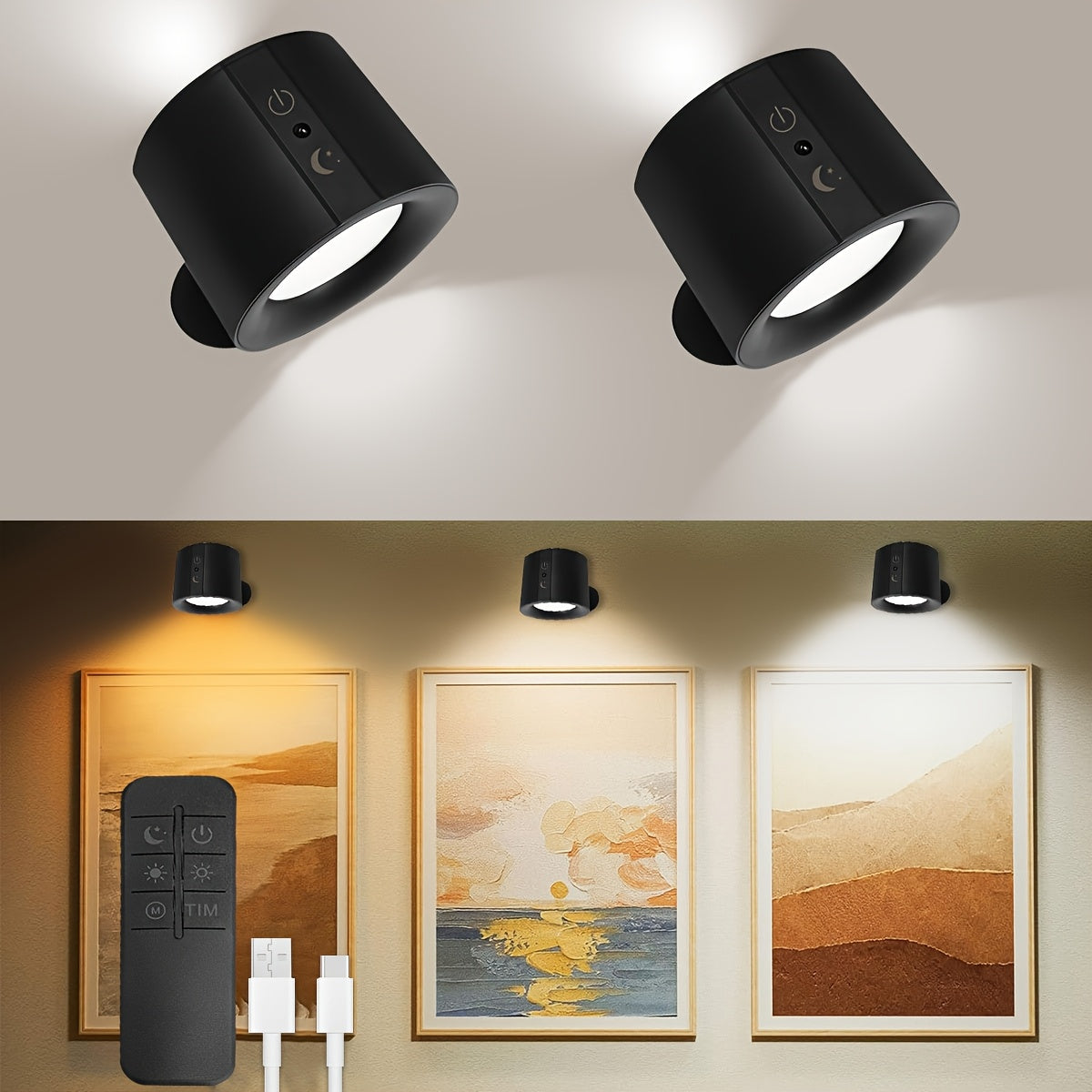 USB Rechargeable LED Wall Light 2 Pack – 360° Rotating Magnetic Ball Touch Control Reading Lamp with 3 Color Temps – Wireless Wall Mounted or Desktop Light for Bedroom Living Room