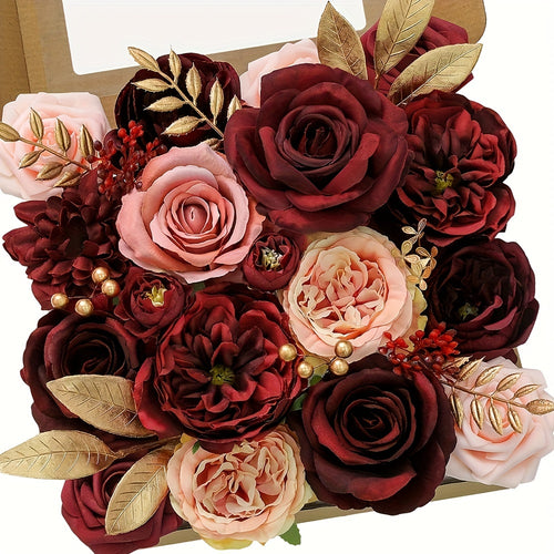 AUSOGO Artificial Rose Bouquet, Wine Red Plastic Flowers for Wedding and Engagement, Versatile for Tabletop Decoration, Ideal for Halloween, Day of the Dead, Memorial Day, Fall, Winter Events, No Battery Required