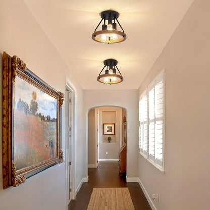 Contemporary Farmhouse Semi-Flush Ceiling Lamp - 3-Bulb Wooden And Metal Design, Rustic Industrial Lighting for Hallways/Entrances Suitable for Kitchen, Bedroom, Dining Area, Laundry Room (Bulb Not Included)