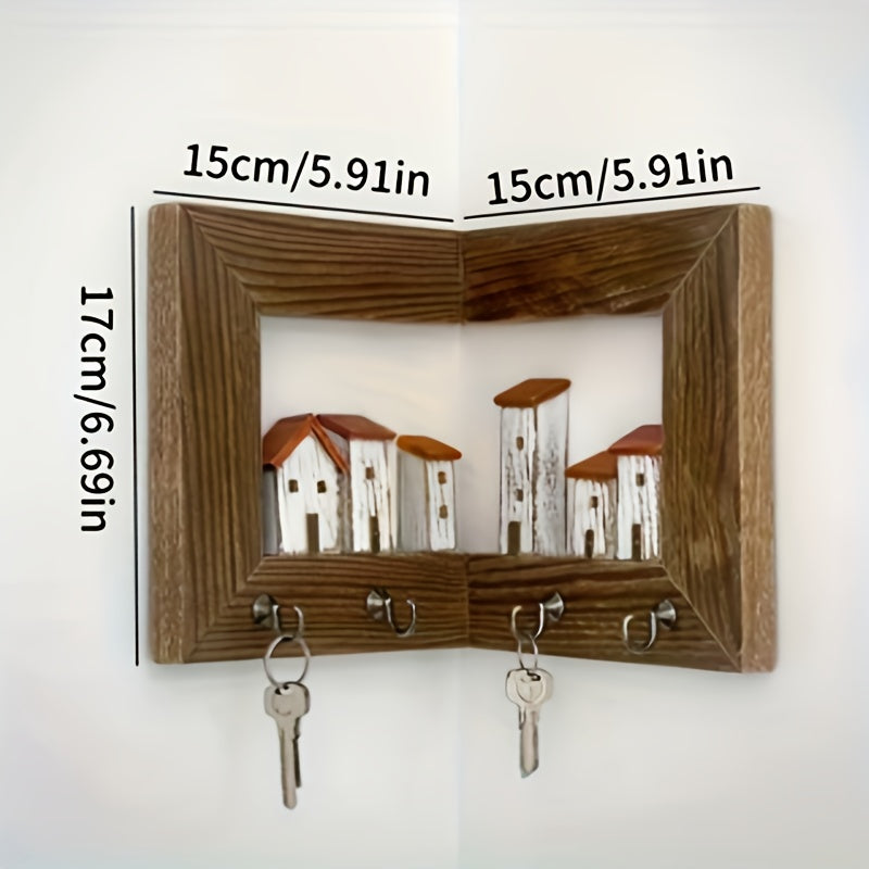 Rustic Style Wall-mounted Key Rack, Featuring 6 Rustic-style Houses, A Wall-mounted Key Holder with Hooks, Wooden Entrance Storage Rack Suitable for Bedroom, Home Wall Display, Art Wall Storage, Art And Craft Wall Display Rack,, Christmas Gift.