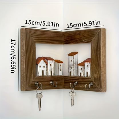 Rustic Style Wall-mounted Key Rack, Featuring 6 Rustic-style Houses, A Wall-mounted Key Holder with Hooks, Wooden Entrance Storage Rack Suitable for Bedroom, Home Wall Display, Art Wall Storage, Art And Craft Wall Display Rack,, Christmas Gift.