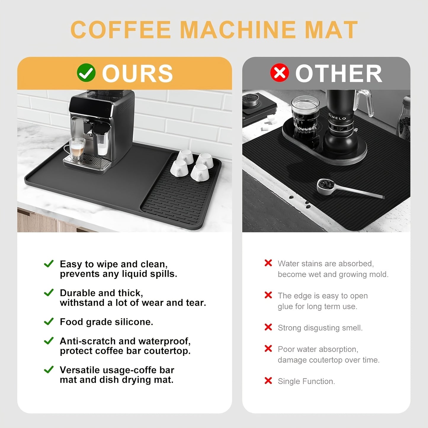 High-Quality Silicone Coffee Mat with Side Pad 2-In-1, a Protective Mat for Kitchen Countertops That Is Heat-Resistant, Durable, And Easy to Clean. It Serves As a Drying Mat for Kitchen Utensils, Suitable for Placement Under Espresso Machines