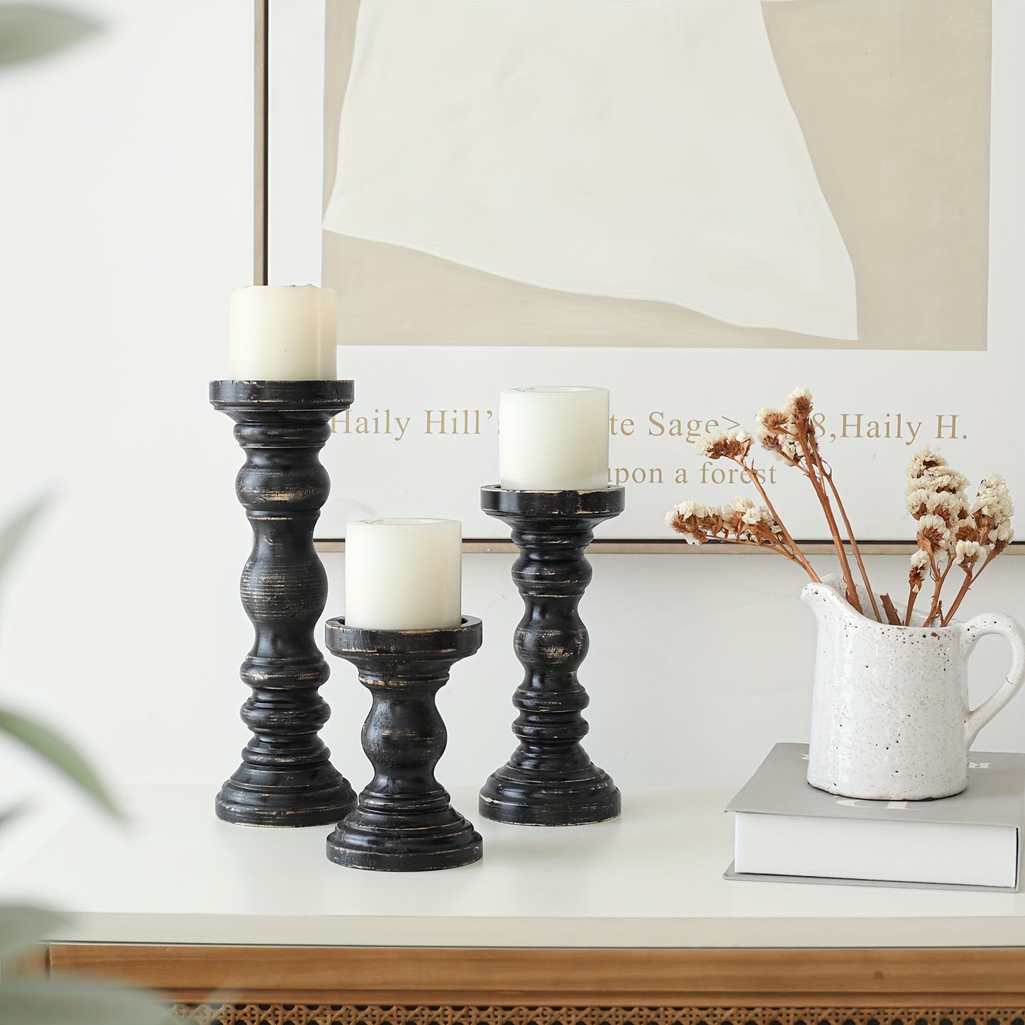 Farmhouse Wood Pillar Candle Holder Set of 3 for Candlestick