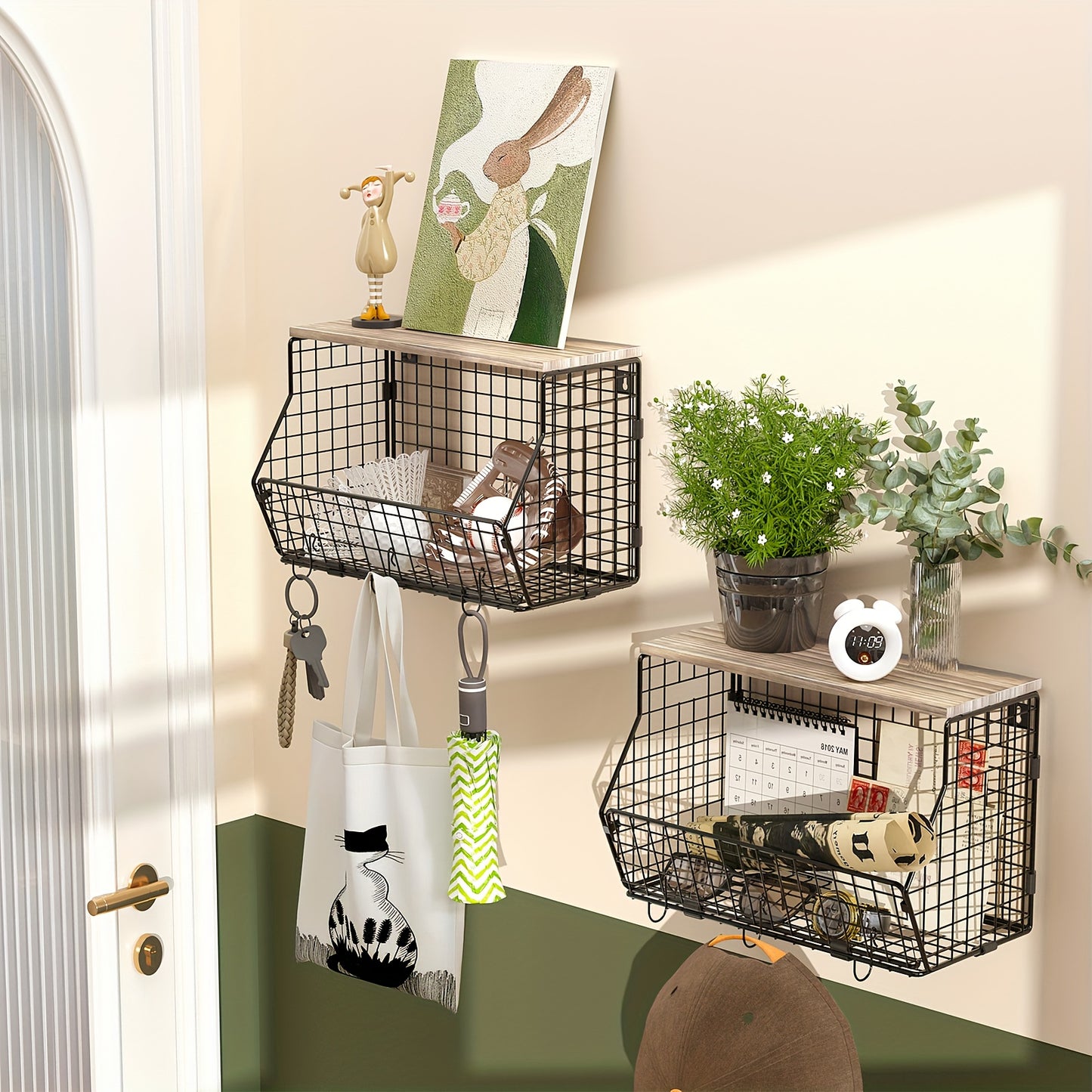 1-Tier or 2-Tier Stackable Metal Wire Fruit Basket with Lid - Hanging Kitchen Pantry Storage Bin, Space-Saving Vertical Organizer Suitable for Countertop, Wall-Mounted Potato & Onion Bin, Installation (1 or 2-Tier)