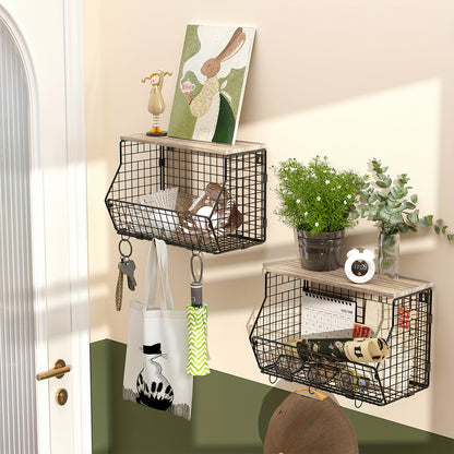 1-Tier or 2-Tier Stackable Metal Wire Fruit Basket with Lid - Hanging Kitchen Pantry Storage Bin, Space-Saving Vertical Organizer Suitable for Countertop, Wall-Mounted Potato & Onion Bin, Installation (1 or 2-Tier)
