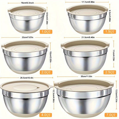 Mixing Bowls with Airtight Lids, 26pcs Stainless Steel Bowls Set, 3 Grater Attachments & Black Non-Slip Bottoms Size 7, 4, 2.5, 2.0, 1.5, 1QT, Great for Mixing & Serving