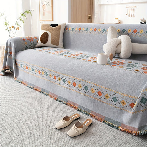 1pc Bohemian Sofa Cover with -Style Embroidery - Chenille Fabric Fit for Single/Double/Triple/Quad Sofas, Sofa Compatible for -Section Couches, Machine Washable (No Padding)
