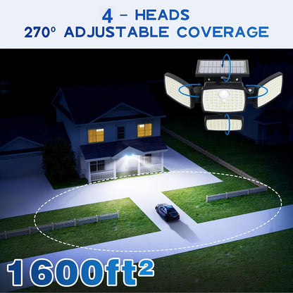 4/2/1 PACK 4 Head Solar Light Outdoor with Motion Sensor 306LED, 1000LM Solar Lights Outdoor with Remote Control, 270° Wide Angle Street Area Lights, 3 Adjustable Modes, IP65 Waterproof Solar Flood Light for Garden, Backyard, Garage, Wall, Yard Decor