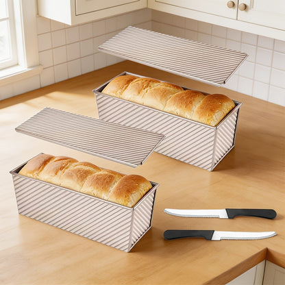 1/2pcs Extra Large Pullman Loaf Pan with Lid 12.3x4.7x4.3 Inches, Bread Knife Included, Vent Holes for Baking, Black Lid Bread Pan for Sandwich Bread
