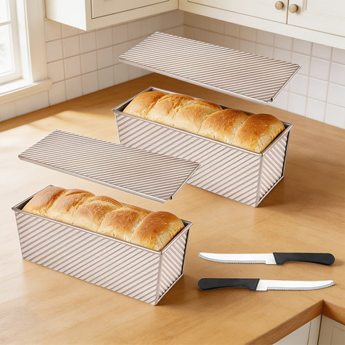 1/2pcs Extra Large Pullman Loaf Pan with Lid 12.3x4.7x4.3 Inches, Bread Knife Included, Vent Holes for Baking, Black Lid Bread Pan for Sandwich Bread