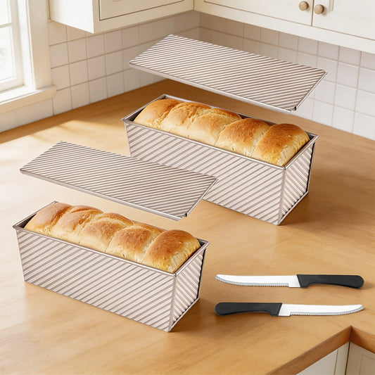 Pullman Loaf Pan with Lid, Extra Large 12.3x4.7x4.3 Inch Sandwich Bread Pan with Vent Holes, Nonstick Carbon Steel Toast Pan with Bread Knife, Square Loaf Pan for Sandwich Bread, Black or Gold