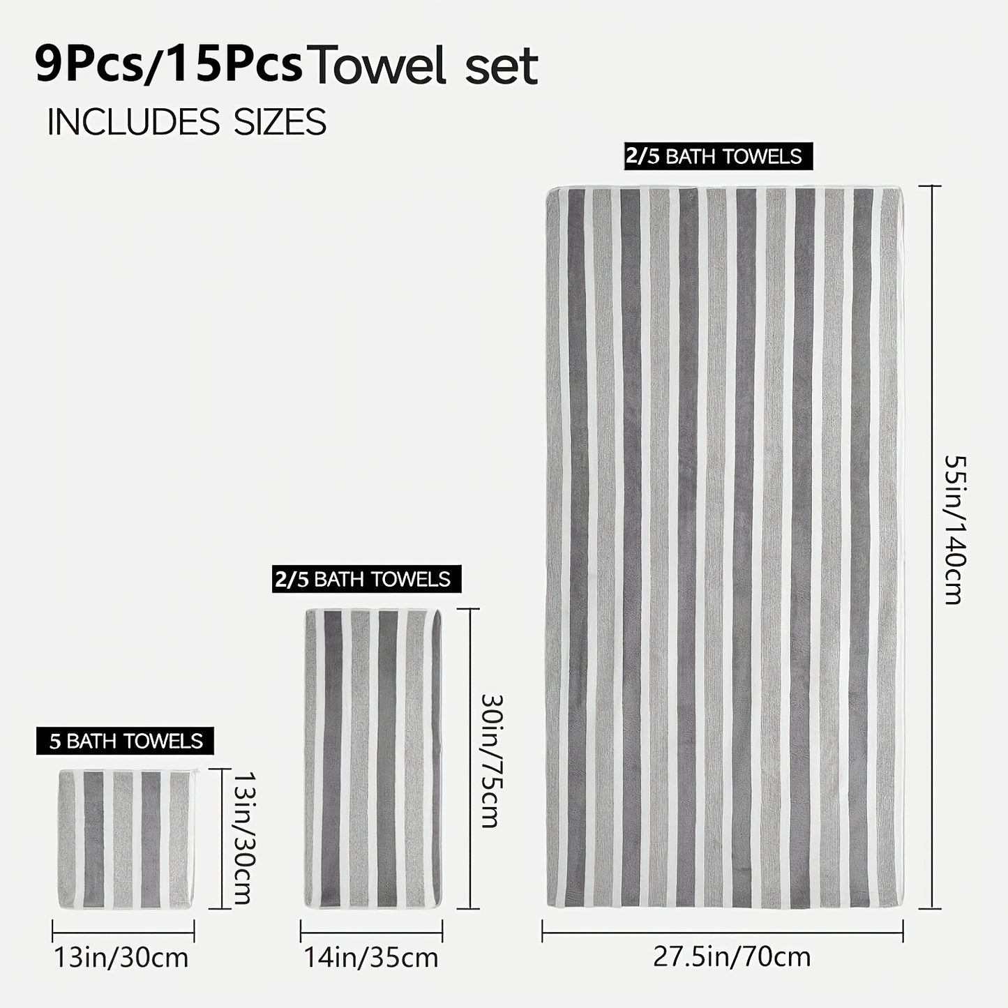 9/15pcs Classic Towel Set, No Hair Loss, Super Absorbent, Super Soft Two-color Striped Interval Bath Towel Combination, Including 2 Large Bath Towels, 2 Large Face Towels, 5 Hand Towels, Bathroom Supplies, And Beach Essentials, Wash Cloths