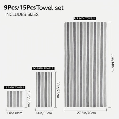9/15pcs Classic Towel Set, No Hair Loss, Super Absorbent, Super Soft Two-color Striped Interval Bath Towel Combination, Including 2 Large Bath Towels, 2 Large Face Towels, 5 Hand Towels, Bathroom Supplies, And Beach Essentials, Wash Cloths
