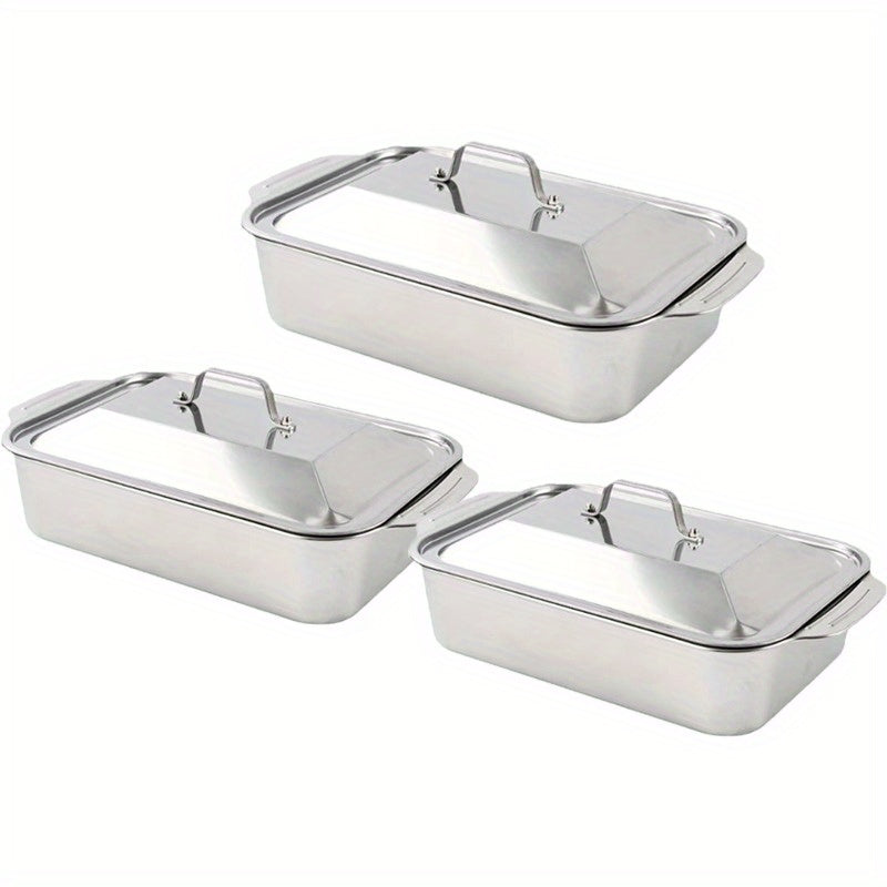 2/ 3 Sets of Stainless Steel Baking Trays with Portable Lids, Large Capacity, Suitable for Family Gatherings, Barbecues, Bread Desserts, Outdoor Camping Plates, Seafood And Buffets