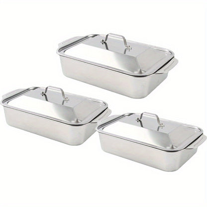 2/ 3 Sets of Stainless Steel Baking Trays with Portable Lids, Large Capacity, Suitable for Family Gatherings, Barbecues, Bread Desserts, Outdoor Camping Plates, Seafood And Buffets