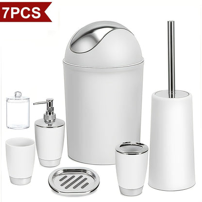 7pcs Luxury Bathroom Accessory Set - Premium Quality, Modern Style - Complete With Trash Can, Toilet Brush, Lotion Dispenser, Soap Dish, Mouthwash Cup & Toothbrush Holder - Space-Saving, Easy To Clean, Ideal For Bathroom Decor And Housewarming Gifts
