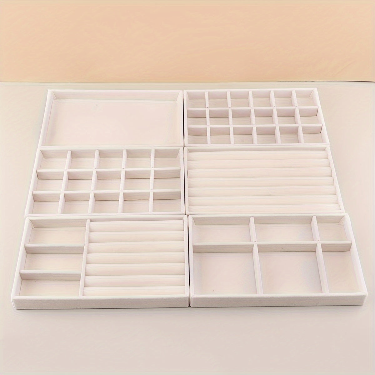 6pcs Set Stackable Jewelry Organizer Trays for Drawers, Rectangular Multi-Compartment Tabletop Storage, Jewelry Drawer Inserts Container Display Case Storage for Earrings Necklace Rings Bracelet with Removable Dividers, Jewelry Trays