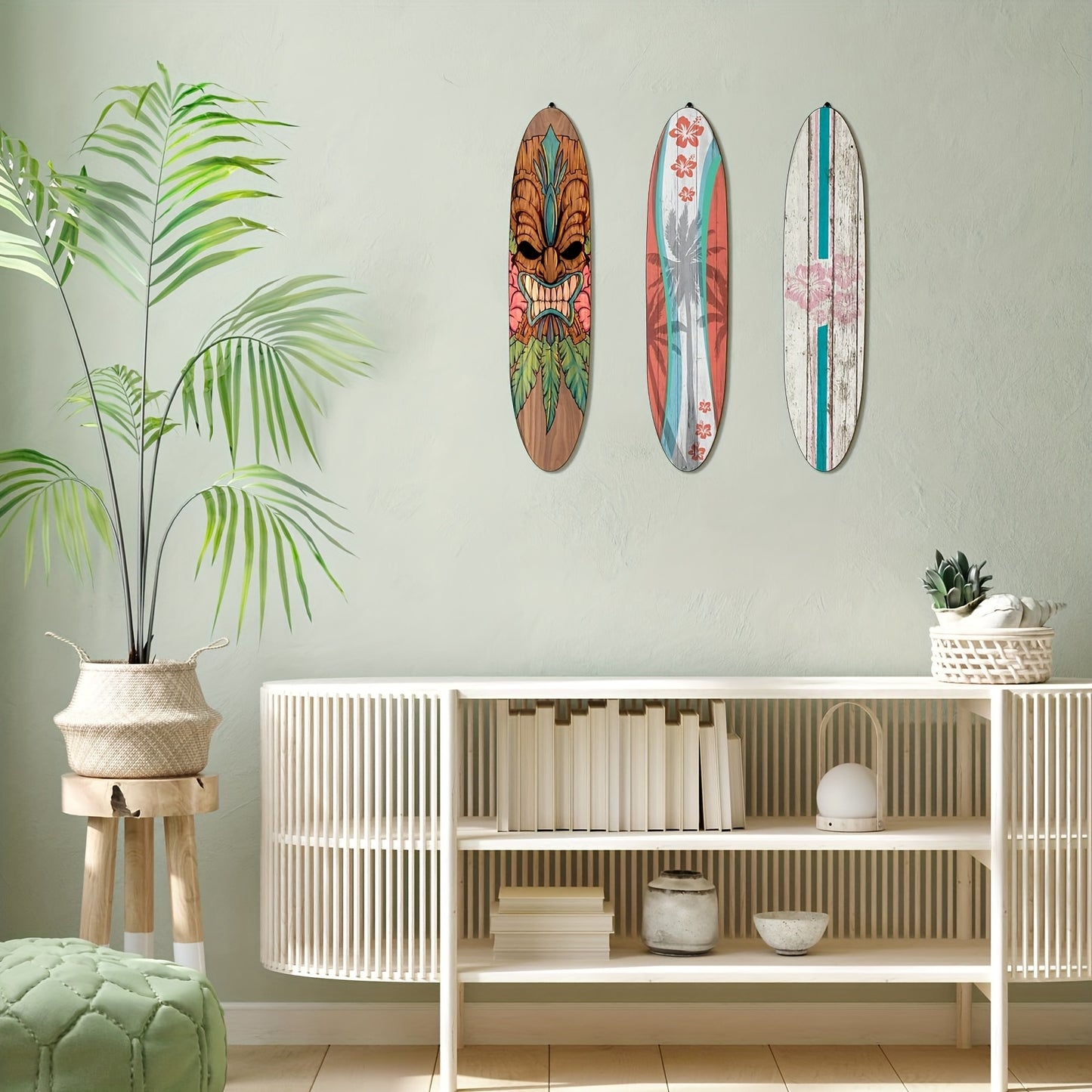Wooden Surfboard Wall Art 15.74" – Rustic Tropical Beach Decor with Hibiscus & Tiki Mask Design, Frameless Recycled Wood Wall Hanging for Hawaiian Bar, Home, Summer & Vacation Theme Decor