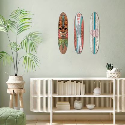 Wooden Surfboard Wall Art 15.74" – Rustic Tropical Beach Decor with Hibiscus & Tiki Mask Design, Frameless Recycled Wood Wall Hanging for Hawaiian Bar, Home, Summer & Vacation Theme Decor