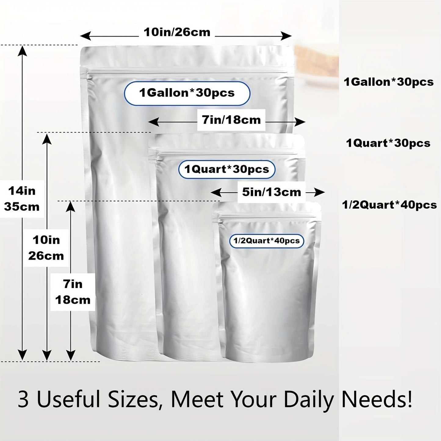 [Resealable Mylar Bags] 100 Resealable Mylar Bags For Food Storage - 10 Mil 1 Gallon (30pcs), 8 Mil 1 Quart (30pcs), 6 Mil 1/2 Pint (40pcs), Stand Up