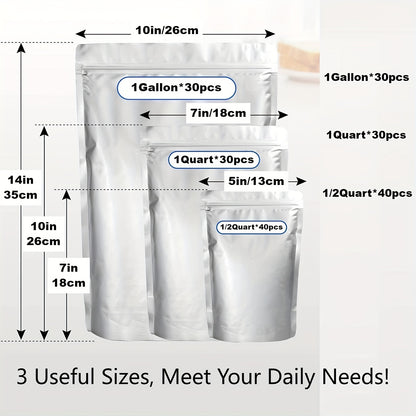 [Resealable Mylar Bags] 100 Resealable Mylar Bags For Food Storage - 10 Mil 1 Gallon (30pcs), 8 Mil 1 Quart (30pcs), 6 Mil 1/2 Pint (40pcs), Stand Up