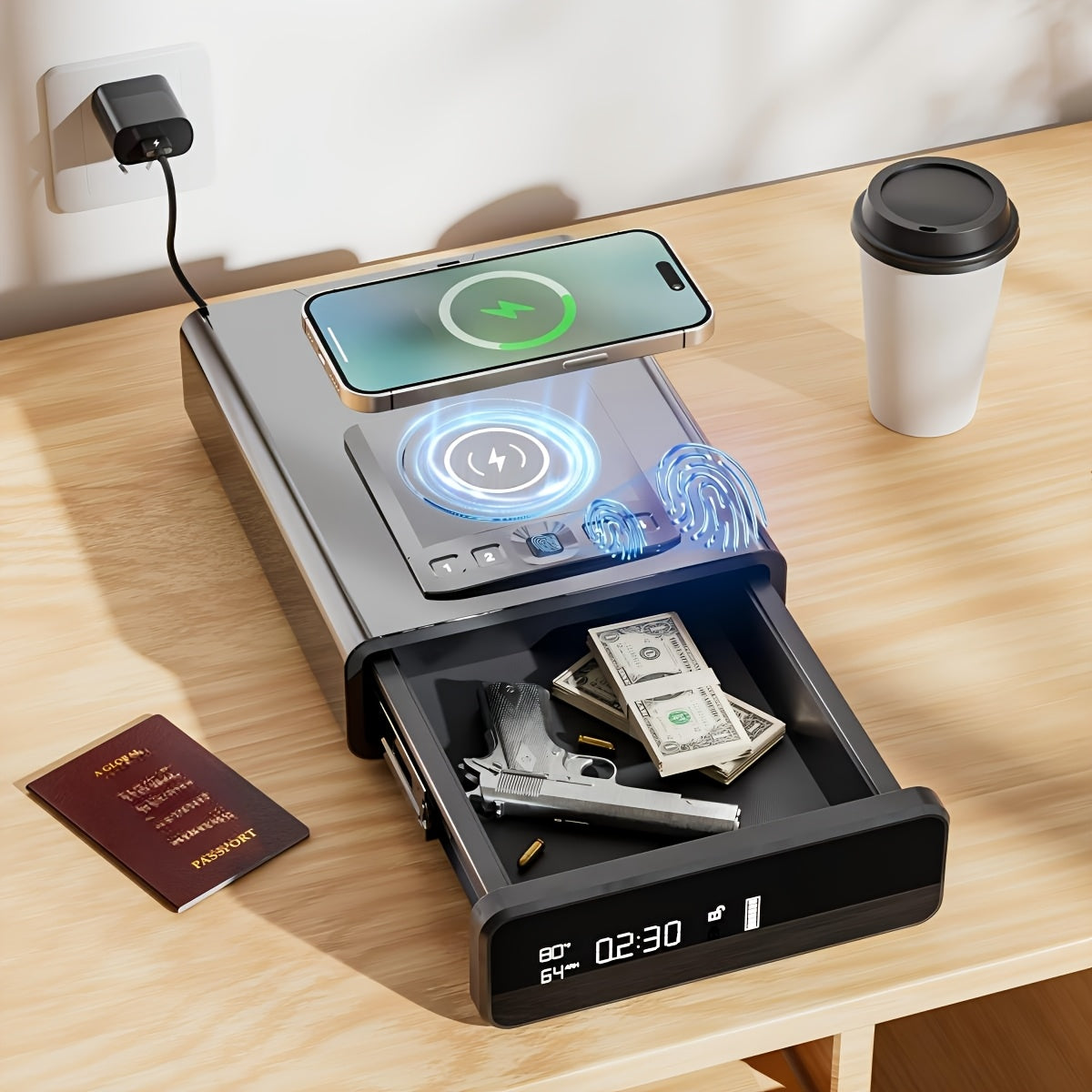 Biometric Gun Safe, Grey & Black & Newly Upgraded Grey Fingerprint Safe with LED Clock, DOJ Pistol Safe with 2-in-1 Watch And Mobile Wireless Charging, Backlit Keypad, LED Light, Safety Jewelry Storage, Bedside Storage.Valentine's Day Gift