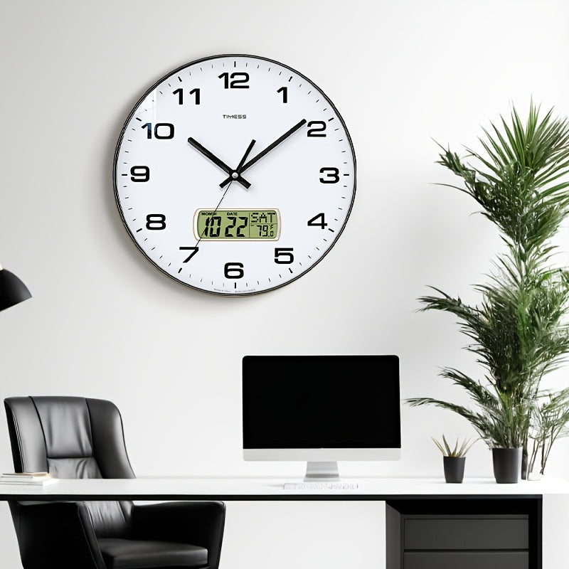 TIMESS Round Analog Wall Clock, ABS & Polycarbonate, Calendar Display, Fahrenheit Temperature, Silent Mechanical Movement, for Bedroom Office School, 10/12/14 Inch, Black