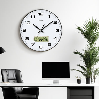 TIMESS Round Analog Wall Clock, ABS & Polycarbonate, Calendar Display, Fahrenheit Temperature, Silent Mechanical Movement, for Bedroom Office School, 10/12/14 Inch, Black