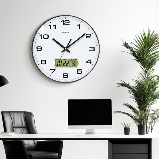TIMESS Round Analog Wall Clock, ABS & Polycarbonate, Calendar Display, Fahrenheit Temperature, Silent Mechanical Movement, for Bedroom Office School, 10/12/14 Inch, Black