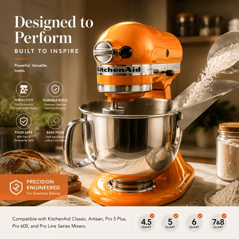 Stainless Steel Pouring Chute Compatible With KitchenAid Stand Mixer Attachments, Universal Funnel Shield For Tilt-Head And Bowl-Lift Models, Dishwasher Safe Kitchen Accessories For Mess-Free Baking, Gift Box Included