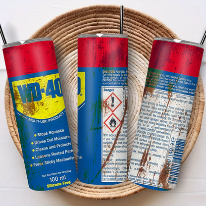 One 20Oz Stainless Steel Tumbler Featuring a WD-40 Design, Complete with a Lid And Straw. Keeps Drinks Hot for 6 Hours And Cold for 12. an Ideal Gift for Men, Enthusiasts, And Mechanics. Perfect for Use in The Garage, Workshop