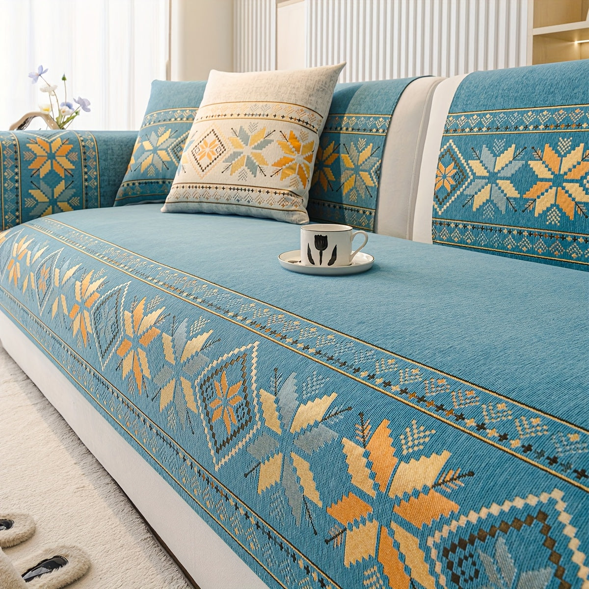 Chenille Sofa Slipcover 1pc Boho Vintage Style - Luxury Non-Slip Removable Four Seasons Universal Couch Cover | Armrest 1 2 3 4 Seater | Dark Gray Light Gray Blue | Living Room Home Decor