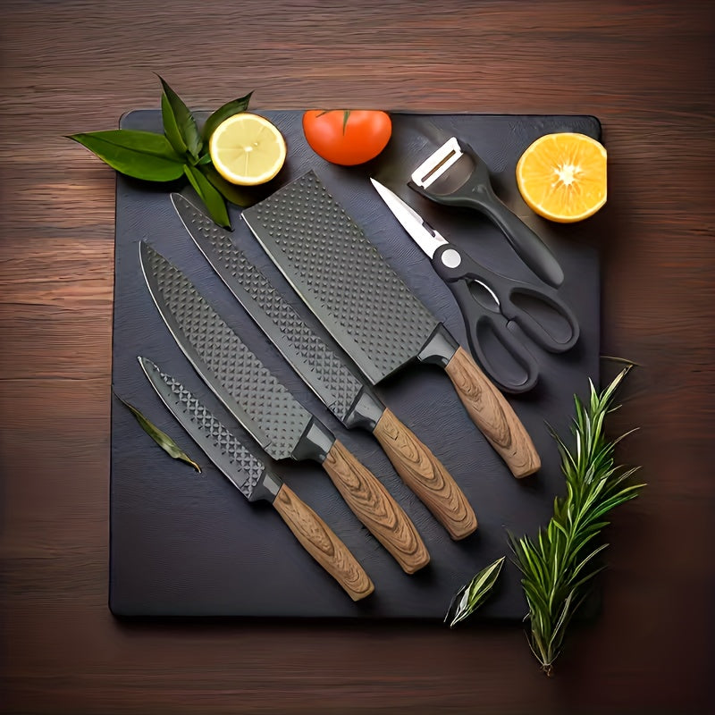 6 Kitchen Knife Set, Chef'S Knife, Slicing Knife, Scraper And Scissors, High Carbon Stainless Steel Super Sharp, With Anti-stick Ergonomic Wooden Handle, Suitable For Home Cooking, Camping, RV Trips, Holiday Gifting, Wedding Presents, Gift Box Set