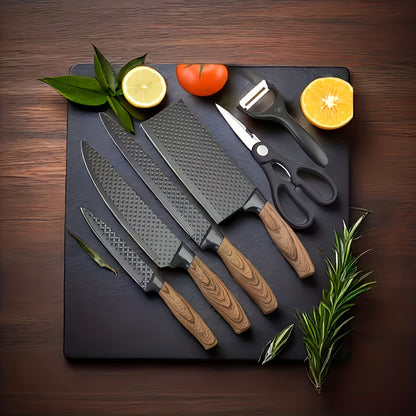 6 Kitchen Knife Set, Chef'S Knife, Slicing Knife, Scraper And Scissors, High Carbon Stainless Steel Super Sharp, With Anti-stick Ergonomic Wooden Handle, Suitable For Home Cooking, Camping, RV Trips, Holiday Gifting, Wedding Presents, Gift Box Set